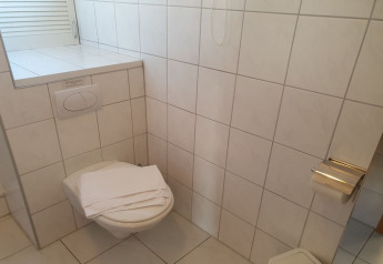 Small bathroom on a houseboat in Germany with a wall-mounted toilet, towels, and a toilet paper holder.