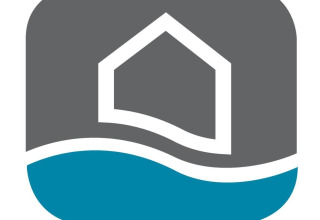 Logo met wit huispictogram boven een blauwe golf op grijze achtergrond, symbool voor woonboot in Duitsland.