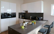 Cucina moderna con mobili bianchi, piano grigio, vino e piante su una houseboat in Germania.