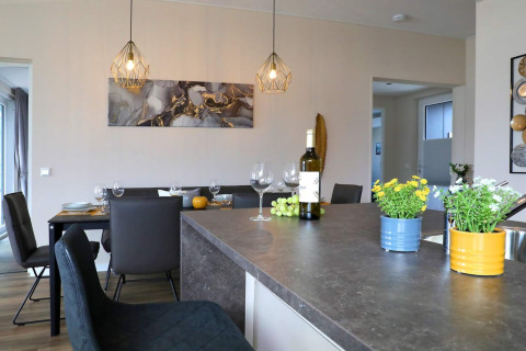 Comedor y cocina modernos en una casa flotante en Ribnitz-Damgarten, Alemania, con plantas y vino.