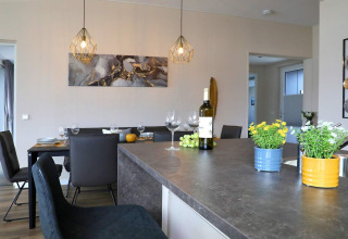 Modern dining and kitchen area on a houseboat in Ribnitz-Damgarten, Germany with plants and wine.