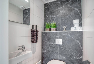 Baño moderno en una casa flotante en Ribnitz-Damgarten, Alemania, con azulejos grises y decoración elegante.