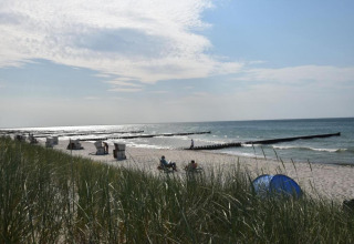 Vue sur la plage avec dunes, chaises, tente bleue et mer calme près du houseboat à Ribnitz-Damgarten.