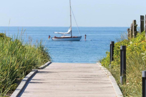 Træsti fører til stranden med en sejlbåd på havet, omgivet af grøn vegetation, solrig dag.