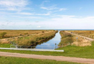 View from a houseboat in Ribnitz-Damgarten showing a canal, grassy fields, and blue sky in the distance.