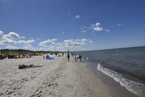 Sunny beach scene at Houseboat in Ribnitz-Damgarten with people relaxing, tents and waves along the shore.