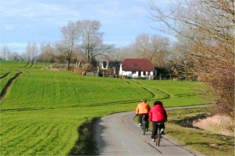 Twee mensen fietsen over een kronkelend pad door groene velden richting een wit huis met rood dak.