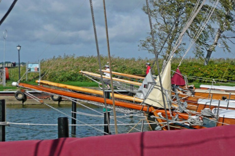Houseboats docked by the pier, with masts, ropes, and people on board, surrounded by greenery.