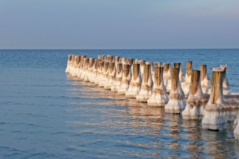 Ice-covered wooden posts in the water near houseboat Floating House 1 - Classic in Germany, winter morning.