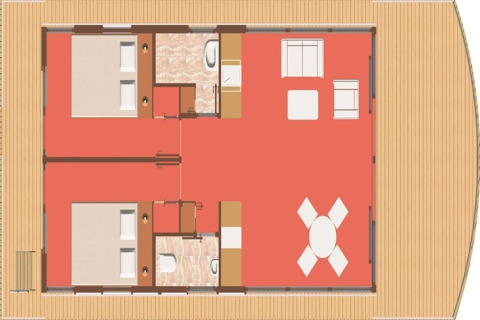 Planimetria della houseboat 'Fjordblick / 4 Persone' in Germania, due camere e zona giorno.