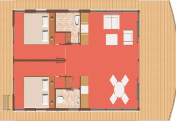 Plattegrond van Houseboat 'Fjordblick / 4 Personen' in Duitsland met twee slaapkamers en woonruimte.