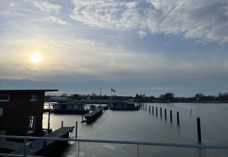 Houseboat ormeggiate in un porto tranquillo all’alba, con pali e cielo nuvoloso illuminato dal sole.