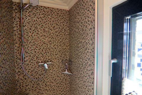 Moderne douche met mozaïektegels en glazen wand op het houseboat Family & Friends in Duitsland.