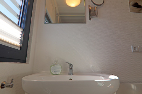 Moderne wastafel met zeeppompje en spiegel op Houseboat ‘Family & Friends LP2 / 1-2 Persons’ in Duitsland.