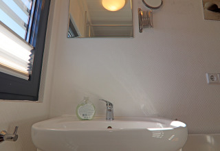 Moderne wastafel met zeeppompje en spiegel op Houseboat ‘Family & Friends LP2 / 1-2 Persons’ in Duitsland.