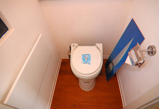 Kleine badkamer op een woonboot met toilet, houten vloer en schilderij met zeilboot tegen de muur, Duitsland.