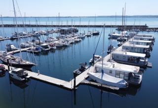 Vista di un porto turistico con houseboat e barche a vela ormeggiate, acqua calma e orizzonte sereno.