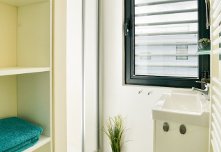 Lichte moderne badkamer op een woonboot met open kast, raam, kleine wastafel en decoratieve plant.