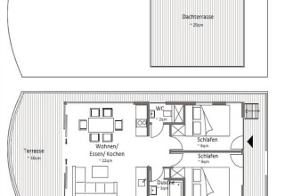 Floor plan of a houseboat featuring two bedrooms, living area, kitchen, bathroom and roof terrace.