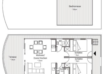 Planimetria di una houseboat con due camere da letto, soggiorno, cucina, bagno e terrazza sul tetto.