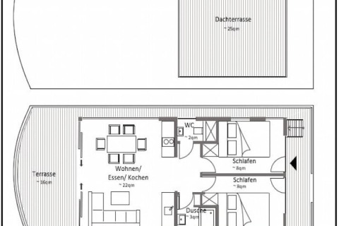 Plantegning af husbåden 'Family & Friends LP2' til 1-2 personer i Tyskland med tagterrasse og værelser.