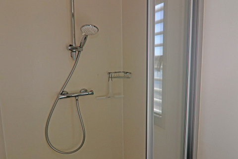 Douche moderne avec pommeau réglable et porte vitrée sur la péniche Family & Friends LP en Allemagne.