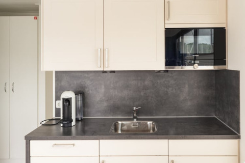 Modern kitchenette on Houseboat “Family & Friends mit Hund LP 10,” featuring sink, microwave, and coffeemaker.
