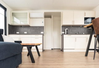 Modern houseboat interior with a sofa, kitchen with white cabinets, wooden floor, and bar stool in Germany.
