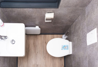Top view of a houseboat bathroom showing a toilet, sink, toilet paper holder, and wood flooring.