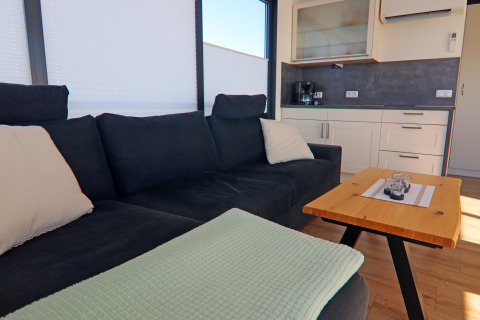 Modern living area on a houseboat with a dark sofa, wooden coffee table, and compact kitchen.