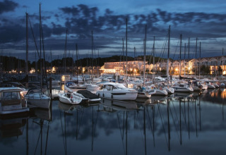 Evening view of yachts and houseboats docked at a marina with illuminated buildings behind in Germany.