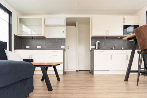 Modern living room and kitchen on the Houseboat Family & Friends mit Hund LP 10 for 3 people in Germany.
