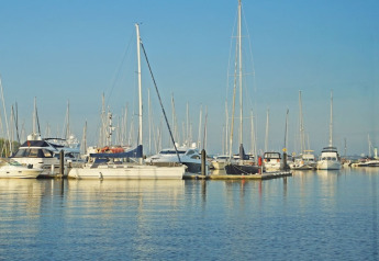 Several boats and yachts are moored in a calm marina under a clear blue sky on a sunny day.