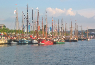 Photo de voiliers colorés amarrés au port lors d’un festival animé, foule et drapeaux en arrière-plan.