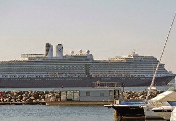 Photo of a houseboat by the water, with a large Holland America Line cruise ship in the background.