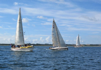 Meerdere zeilboten met bemanning racen over open water onder een deels bewolkte blauwe lucht nabij de kust.