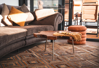 Salon confortable sur une péniche à Höxter, canapé marron, table basse en bois et tapis à motifs géométriques.
