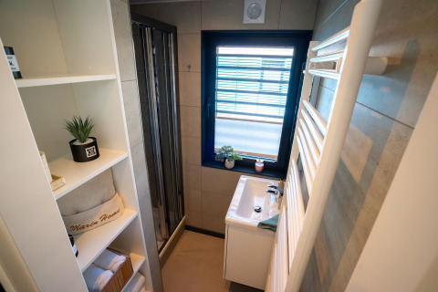 Moderne badeværelse på en husbåd i Höxter med brusekabine, håndvask, hylder og vindue med planter.