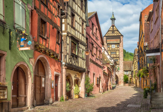 Incantevole via acciottolata con case a graticcio colorate vicino a Corcieux, Grand Est, Francia.