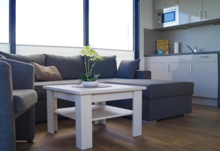 Sala moderna en la casa flotante 'Luisa' con sofá gris, mesa de centro y cocina americana en Alemania.