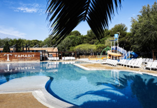 Piscine extérieure et toboggan aquatique au Tamarit Park Resort 2 PATIO en Espagne, avec transats et verdure.