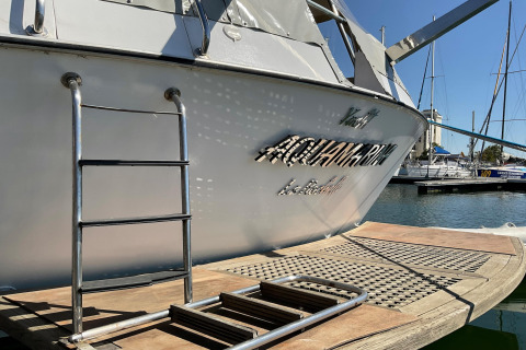 Houseboat named Yacht Aquamarina docked at the marina, ladder to a pier, name reflected on the hull.