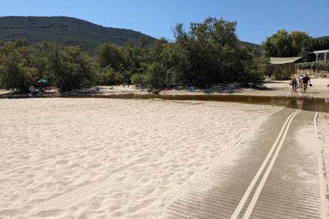 Playa de arena con pasarela y árboles cerca de Résidence U Livanti Belvédère Campomoro en Francia.