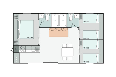 Plantegning af mobilhome Cottage '6p' i Frankrig med tre soveværelser, køkken, to badeværelser og spisestue.