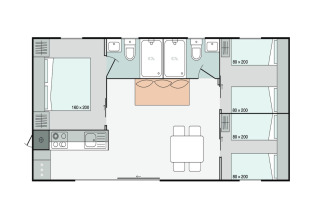 Plantegning af mobilhome Cottage '6p' i Frankrig med tre soveværelser, køkken, to badeværelser og spisestue.