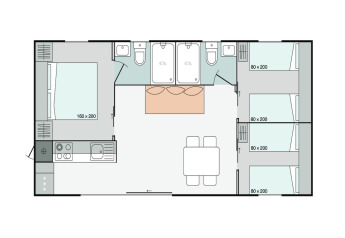 Grundriss vom Mobilheim Cottage „6p“ in Frankreich mit drei Schlafzimmern, Küche, zwei Bädern und Essbereich.