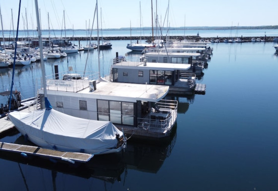 Houseboats docked in a marina alongside sailboats on calm, clear water under a blue sky.