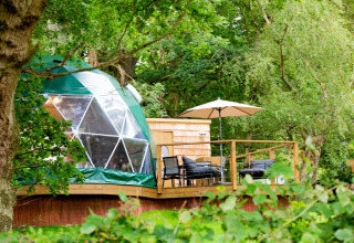 Chartwell Luxury Dome in the UK, nestled in lush green forest, featuring a wooden deck with outdoor seating.