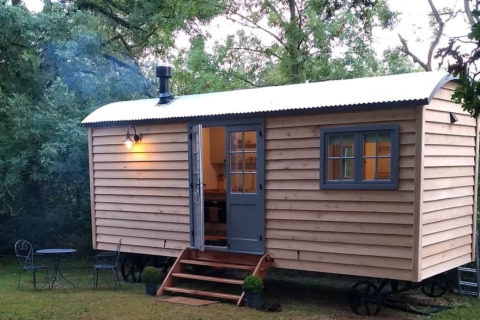 Het mobiele huis The Bakers Hut staat in het bos, met binnenverlichting en een kleine veranda aan de voorkant.