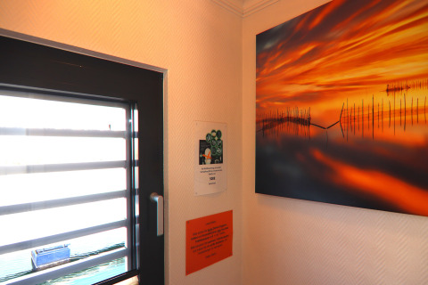 Inside photo of a houseboat showing a barred window, sunset artwork, and notices posted on the wall.